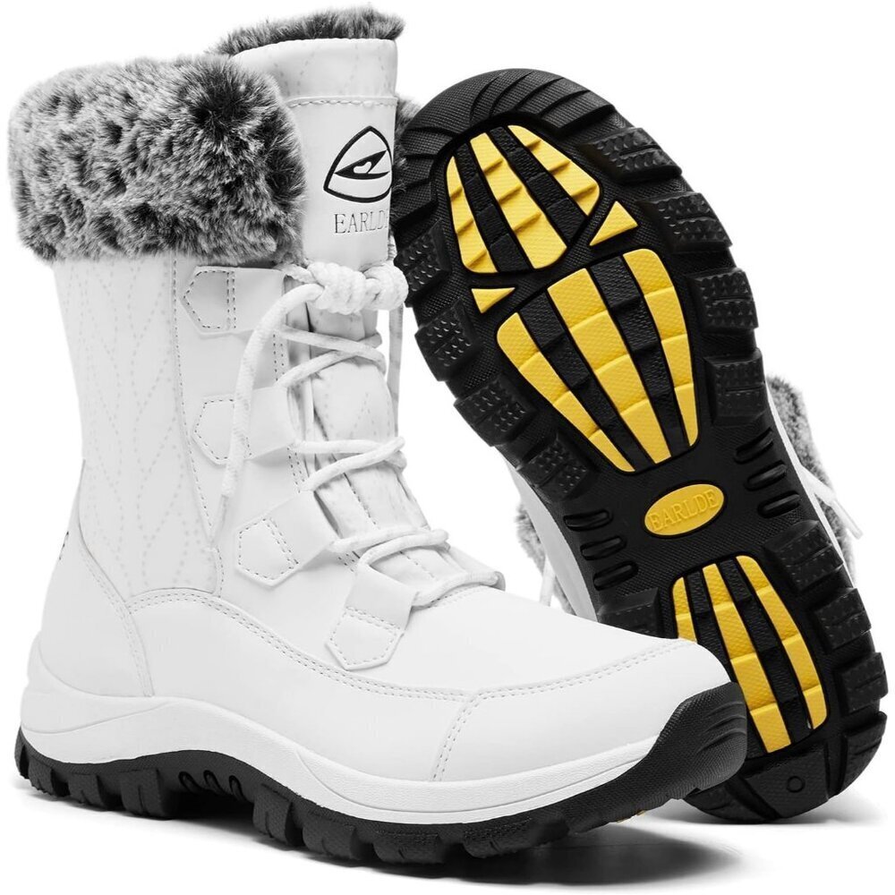 Women’s White Wheat Strip Waterproof Snow Boots Mid-Calf Faux Fur Lined Non-Slip